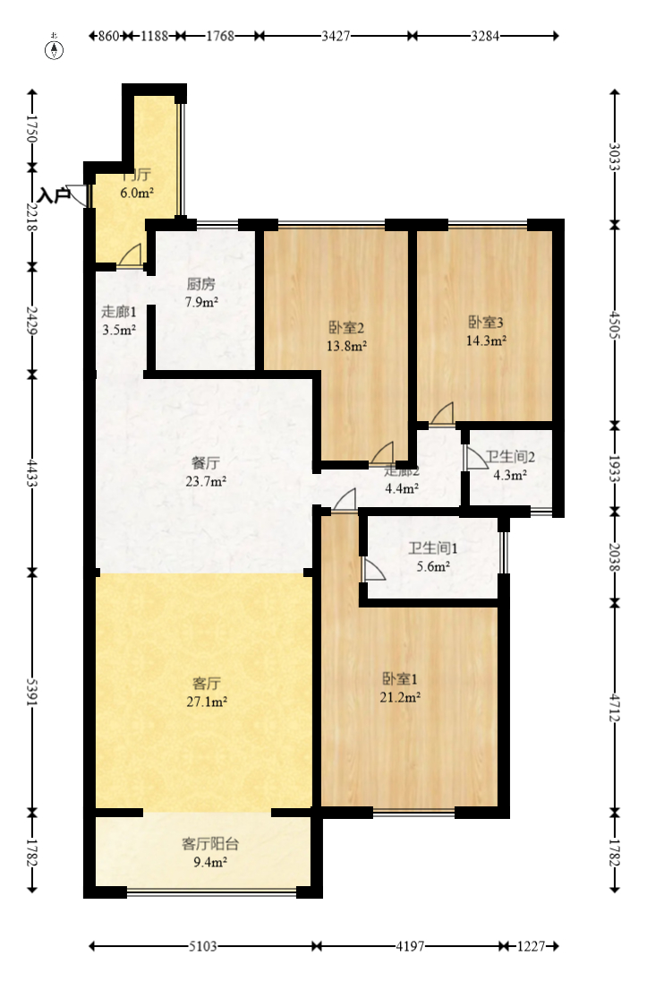 申奥美域  3室2厅2卫   105.00万室内图1