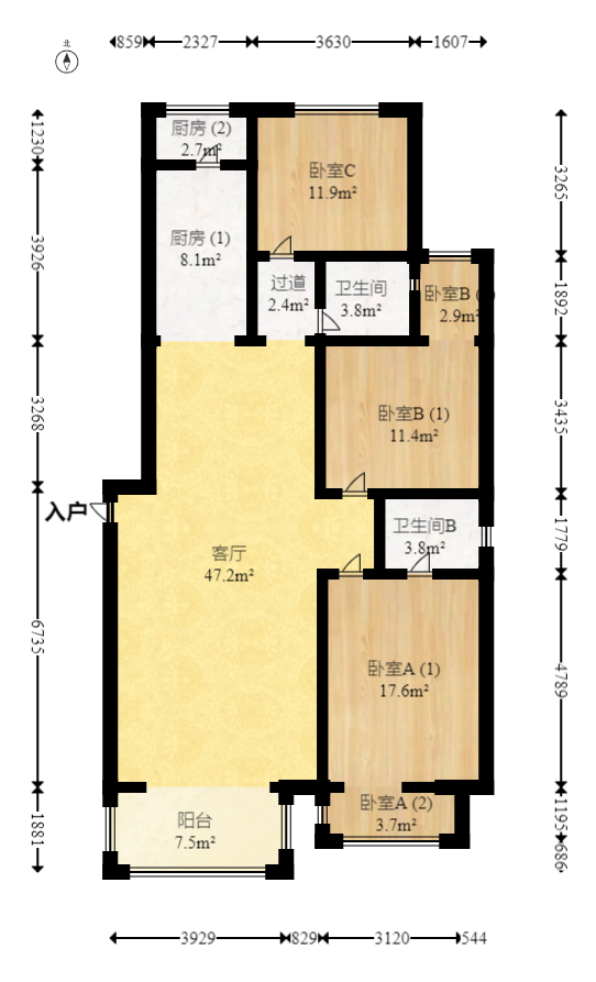 麓谷E家人  3室2厅2卫   115.00万室内图1