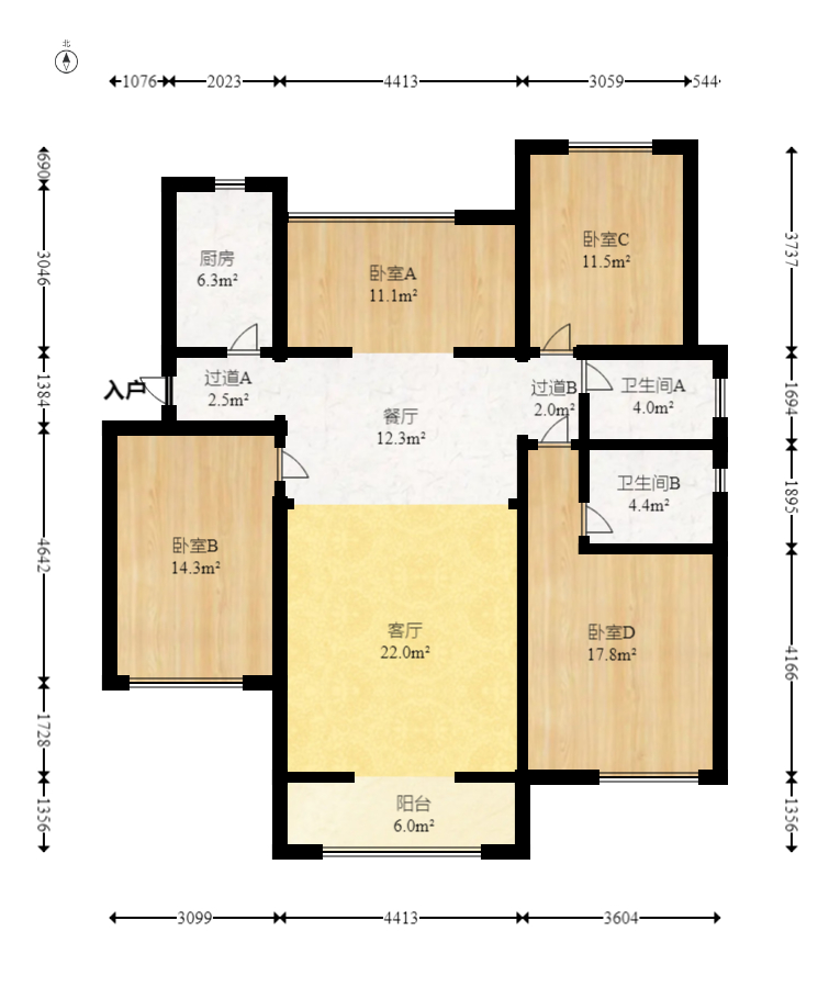 绿地新都会  4室2厅2卫   132.00万室内图1