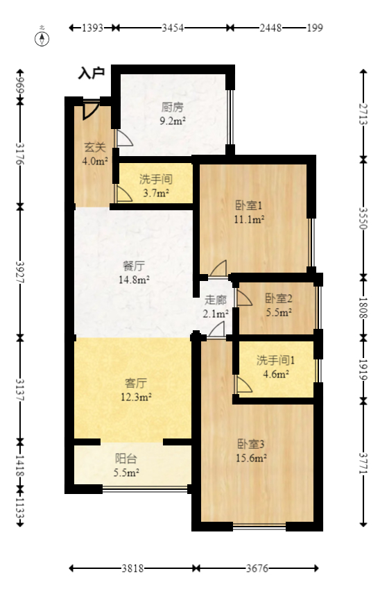 上海城小区  3室2厅1卫   108.50万室内图1