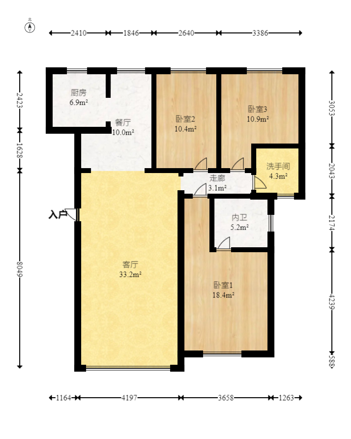 长房东郡  3室2厅2卫    118.0万室内图1