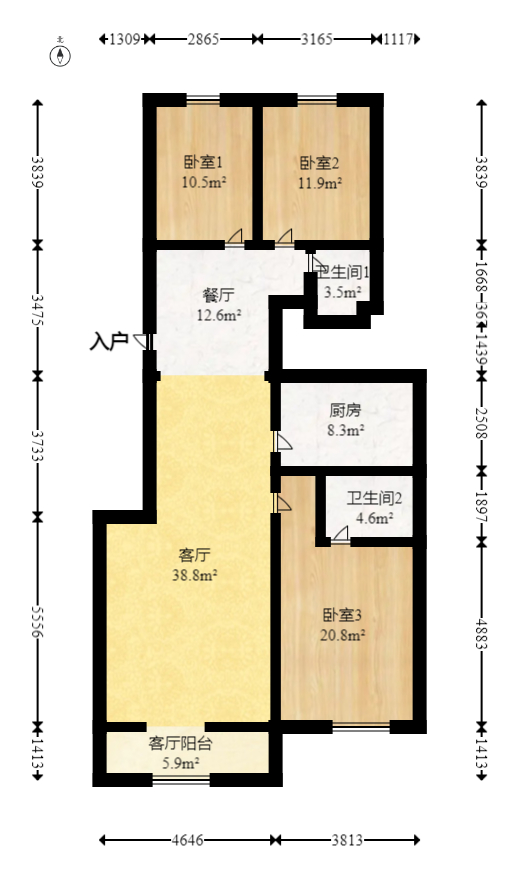 柠檬丽都  3室2厅2卫   98.00万室内图1
