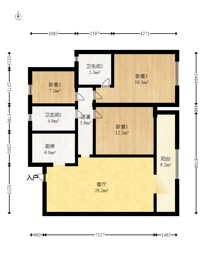 龙湖璟宸原著（龙湖紫宸）  3室2厅2卫   66.00万室内图1