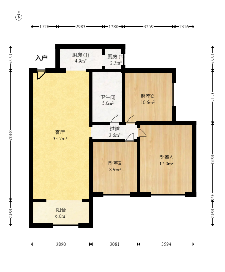 航天溪湖  3室2厅1卫   98.00万室内图1