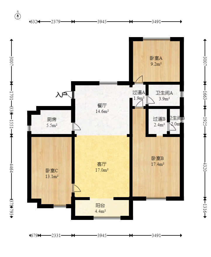 绿地新都会  3室2厅2卫   85.80万室内图1