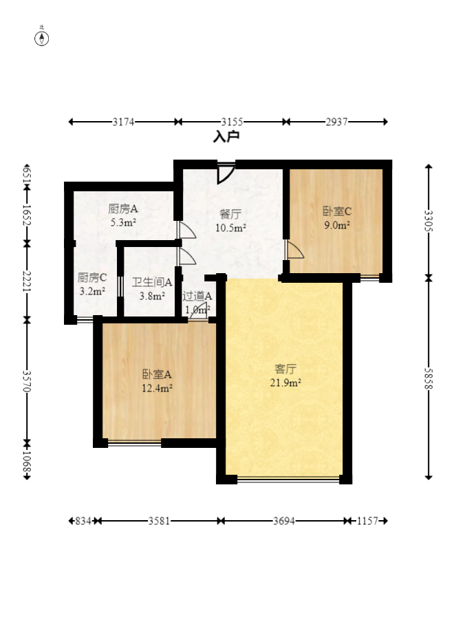 五矿万境水岸一期（万境水岸嘉苑）  2室2厅1卫   105.00万室内图1