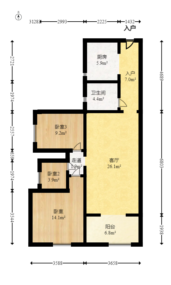 麓谷小镇  3室2厅1卫   60.00万室内图1