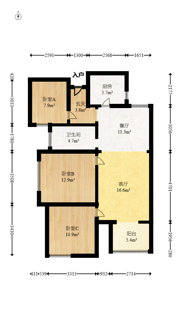 北辰中央公园C区  3室2厅1卫    99.8万室内图1