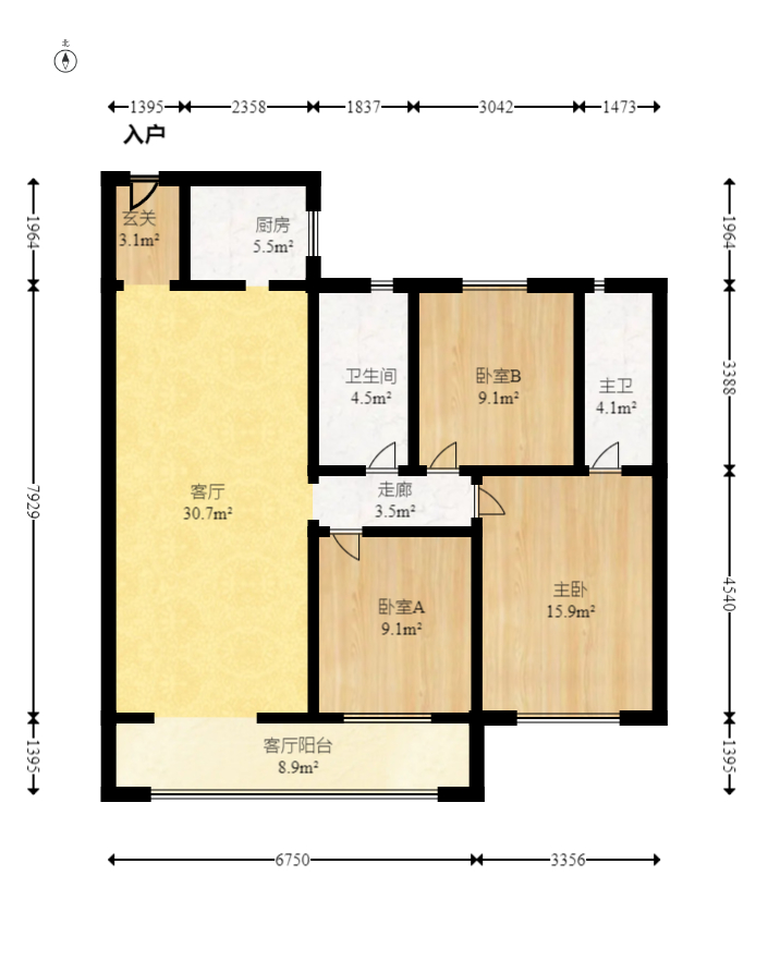 北辰中央公园DF区  3室2厅2卫   122.60万室内图1