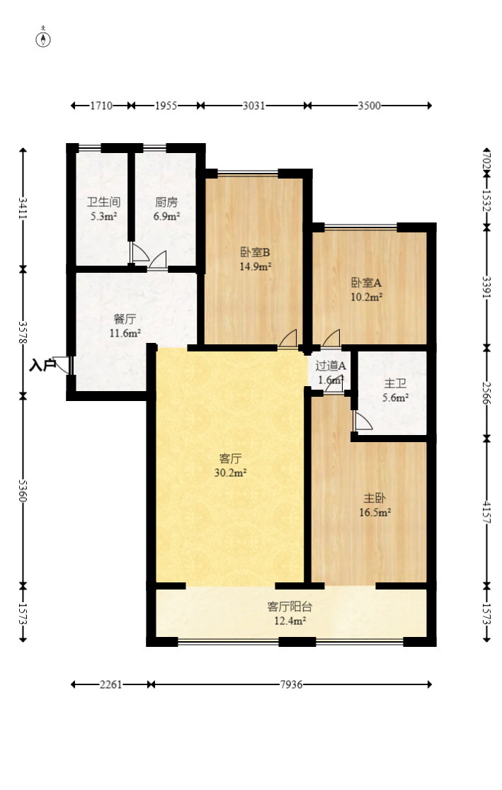八方小区B区  3室2厅2卫   498.00万室内图1