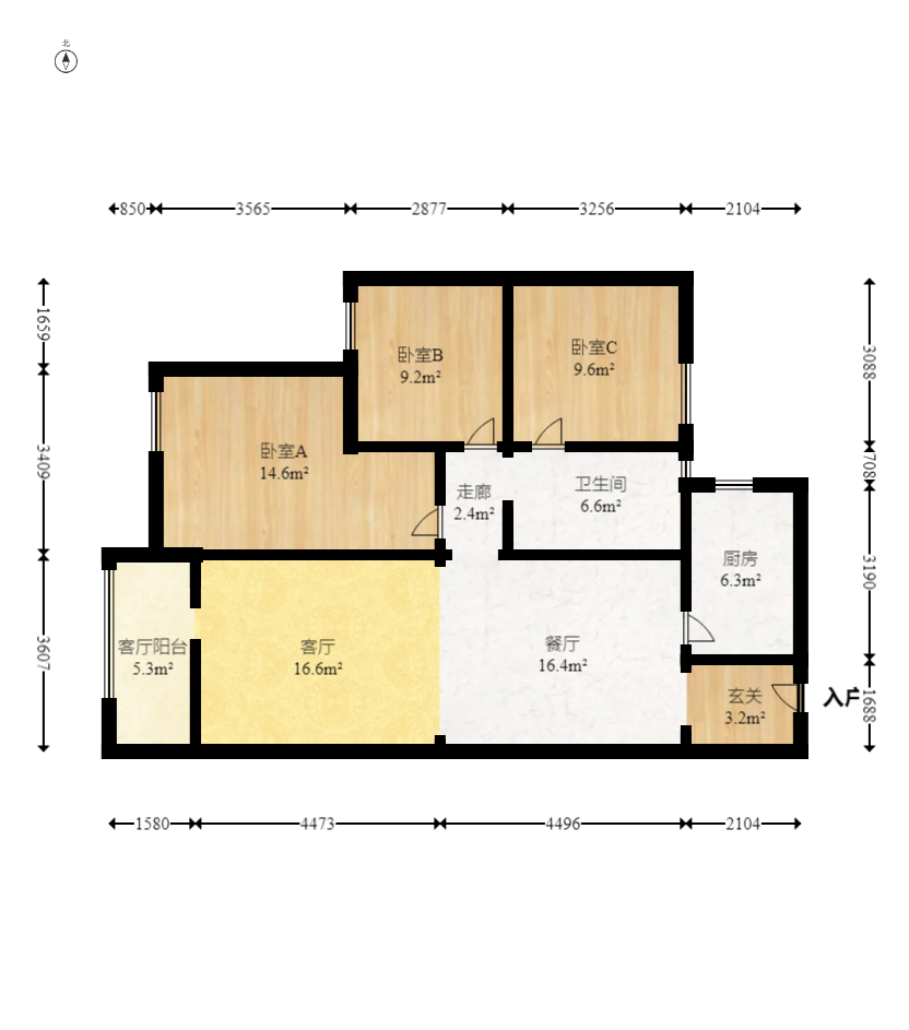 北辰中央公园DF区  3室2厅1卫    85.0万室内图1