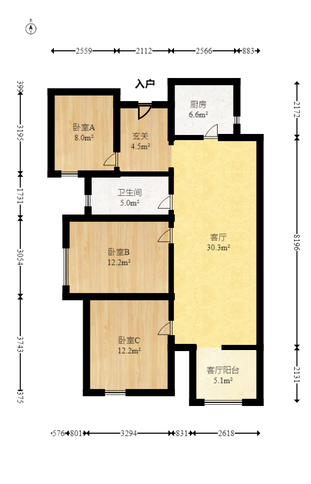 北辰中央公园C区  3室2厅1卫   110.00万室内图1