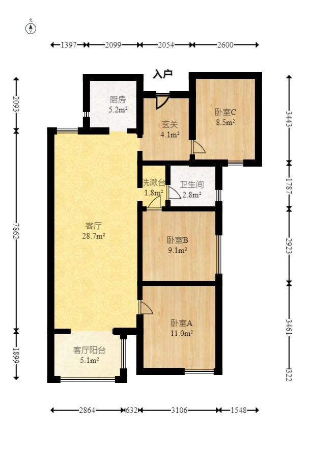 北辰中央公园C区  3室2厅1卫   118.50万室内图1