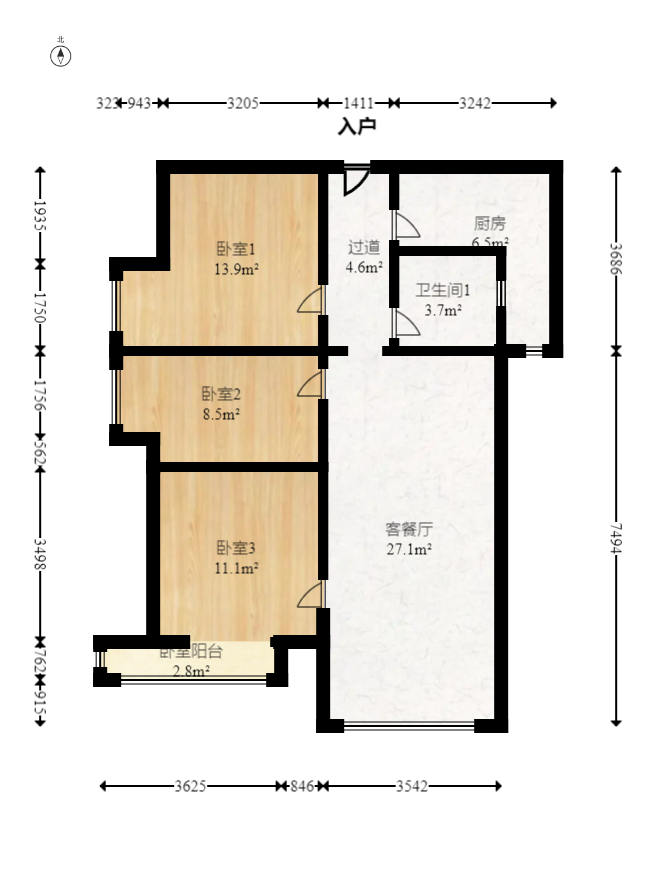 山水华景  3室2厅1卫   88.00万室内图1