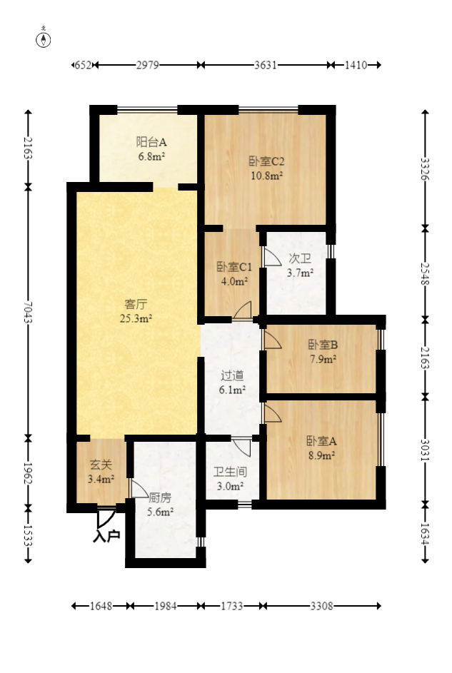 万科魅力之城天阔里  3室2厅2卫   125.00万室内图1