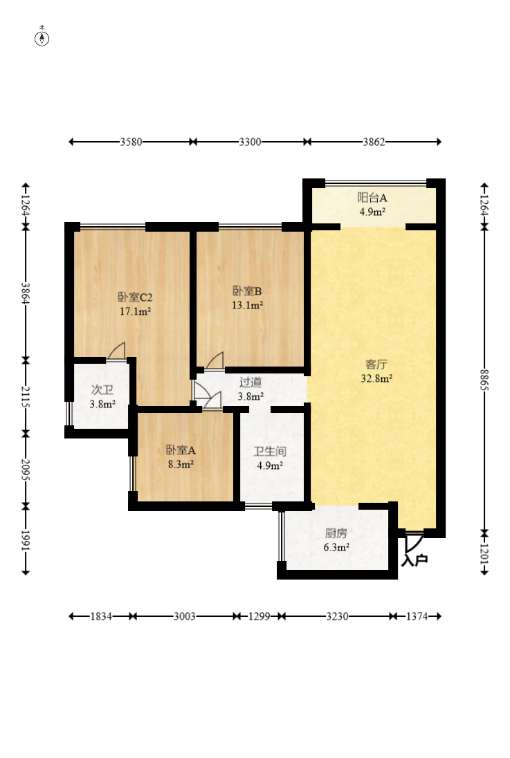 长房东旭国际  3室2厅2卫    140.0万室内图1