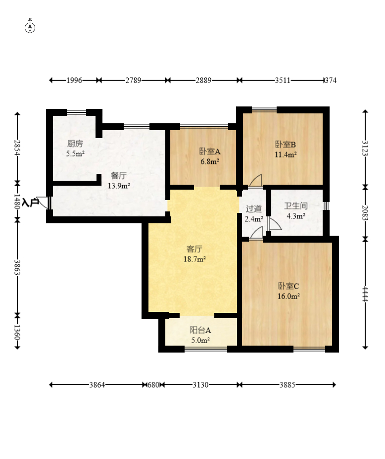 新城新世界一二三期  3室1厅1卫   122.60万室内图1