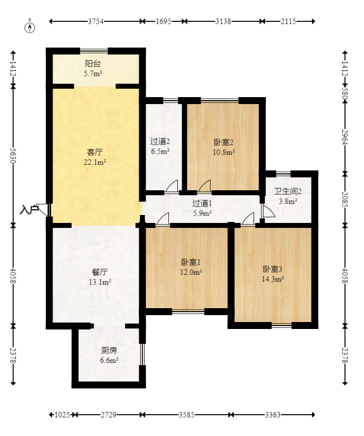 乾源国际  3室2厅1卫    75.0万室内图1