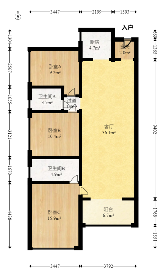 藏珑湖上国际花园  3室2厅1卫   120.00万室内图1