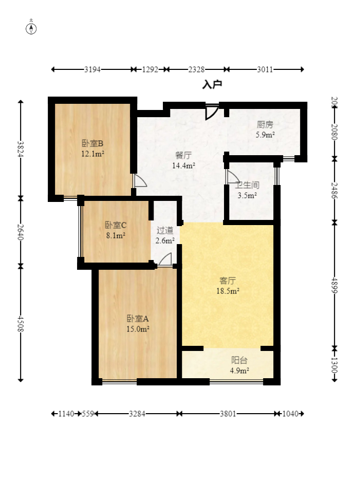 卢浮原著  3室2厅1卫   65.80万室内图1