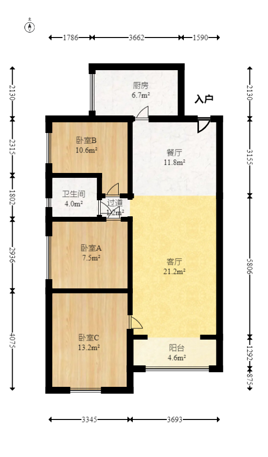 卢浮原著  3室2厅1卫   75.00万室内图1