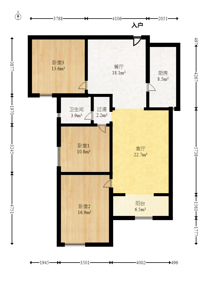 顺舟旺城  3室2厅1卫   90.00万室内图1
