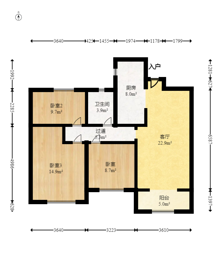奥克斯缔壹城  3室2厅1卫   95.00万室内图1
