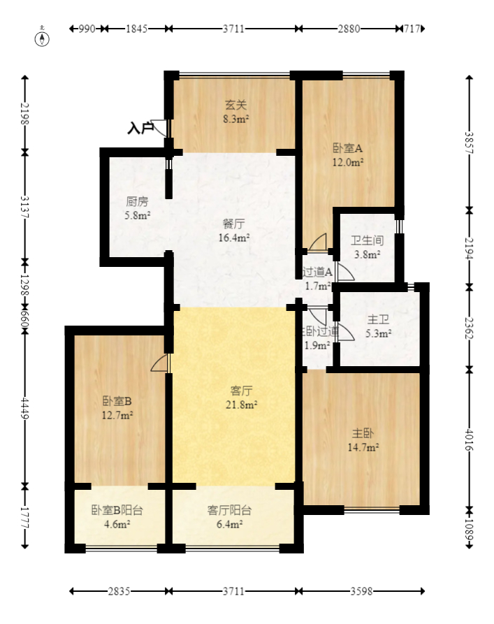 钰龙天下一期  3室2厅1卫   364.20万室内图1
