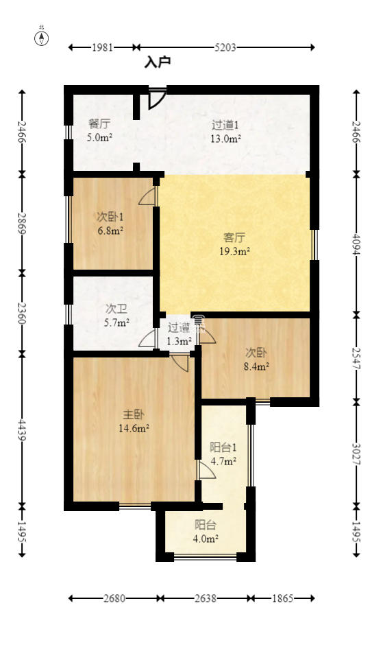 国托公寓  2室1厅1卫    114.95万室内图1