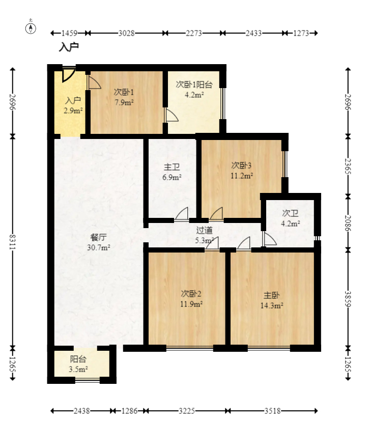北辰三角洲E3区  3室2厅1卫   182.00万室内图1