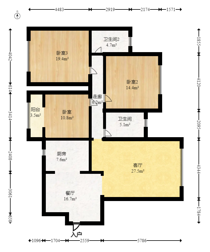 方略潇邦  3室2厅2卫    74.99万室内图1