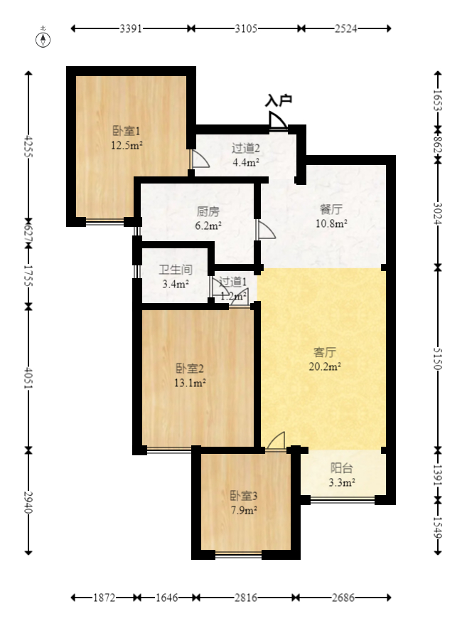 勤诚达境界城  3室2厅1卫   95.00万室内图1