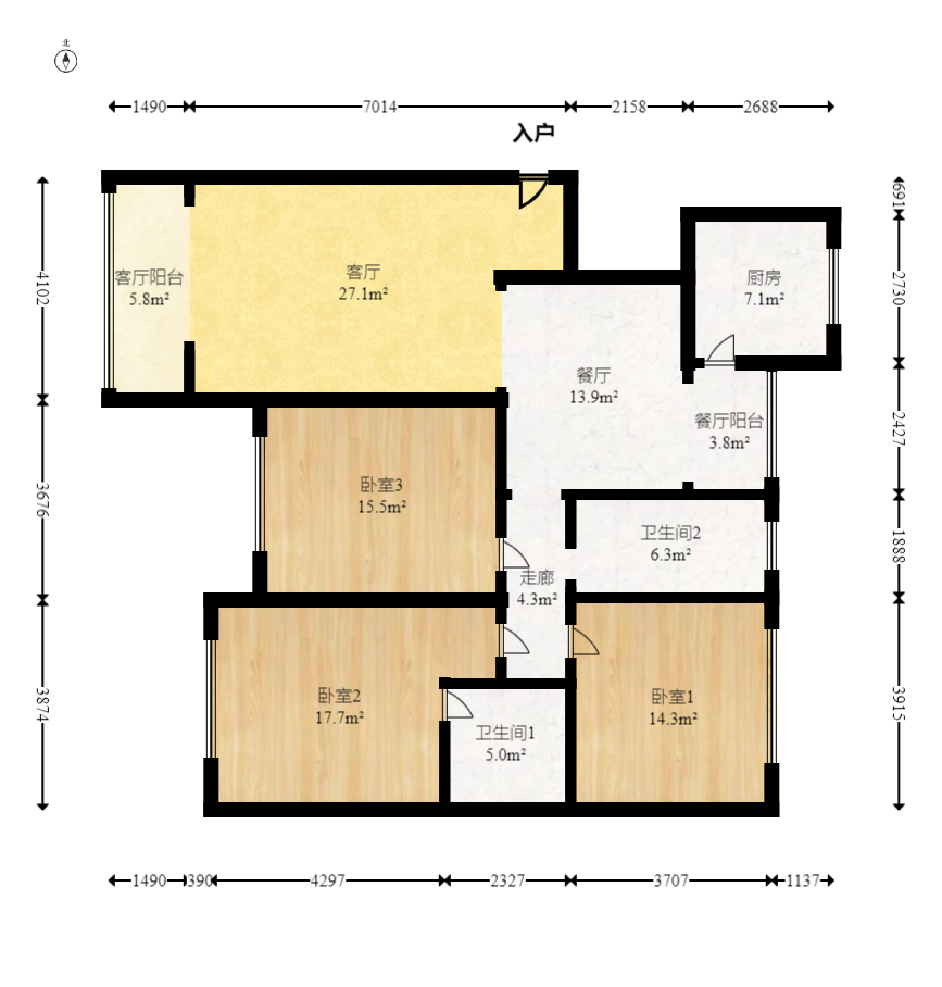 满庭芳小区  3室2厅1卫   121.00万室内图1