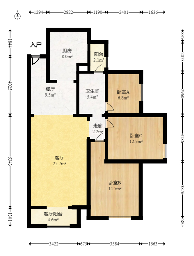 北辰中央公园B区  3室2厅1卫   92.00万室内图1
