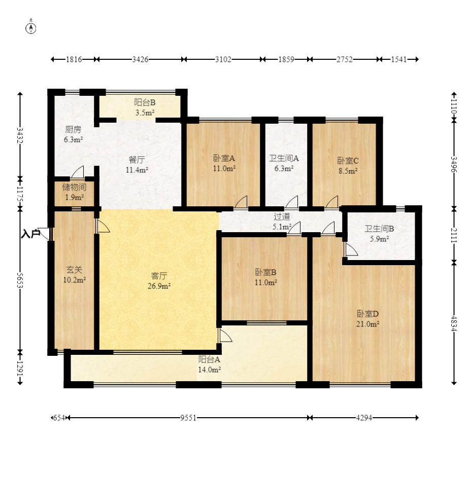 圣爵菲斯  4室2厅1卫   108.00万室内图1