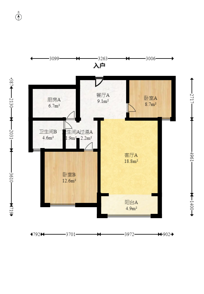 五矿万境水岸一期（万境水岸嘉苑）  2室2厅1卫    76.0万室内图1