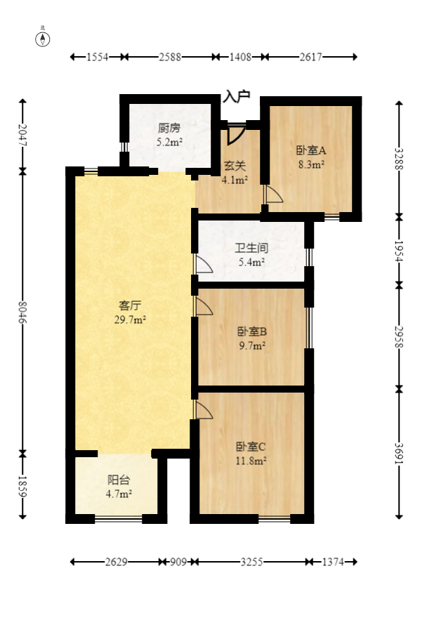 北辰中央公园C区  3室2厅1卫   89.00万室内图1