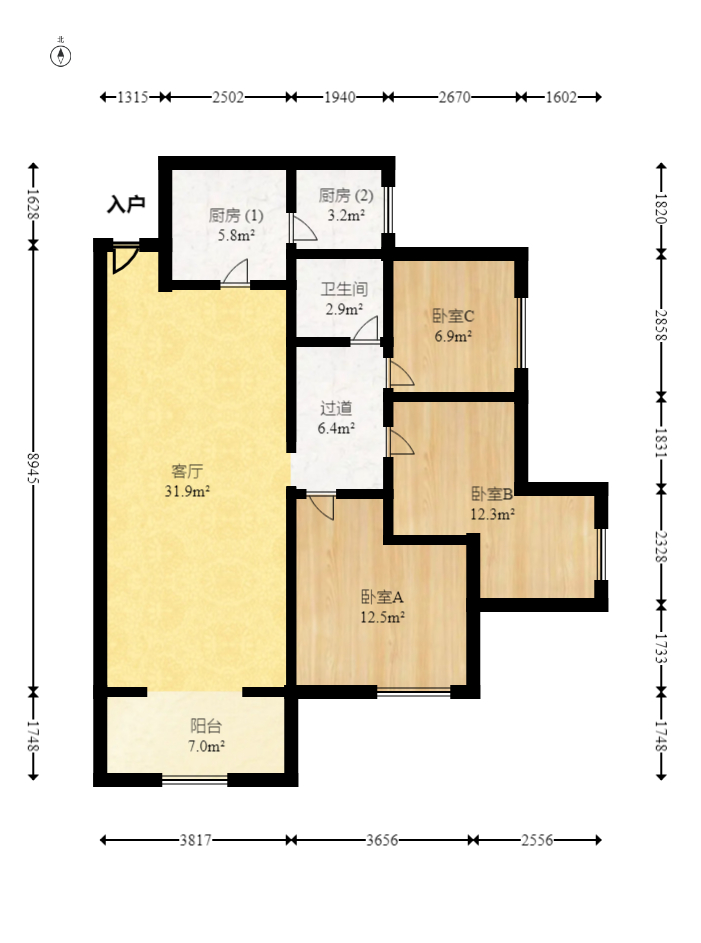 中建梅溪湖中心  3室2厅1卫   135.00万室内图1