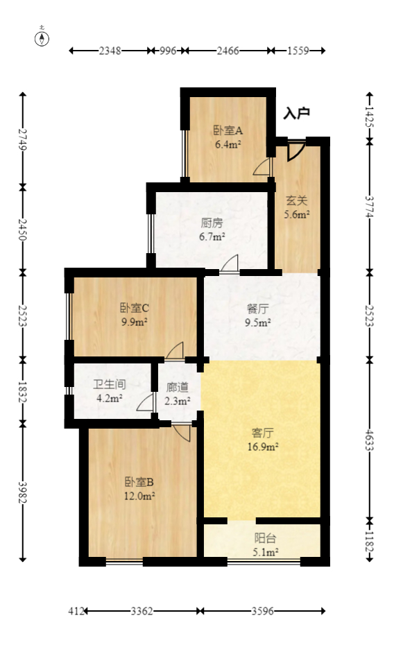 蔷薇国际  3室2厅1卫   86.80万室内图1