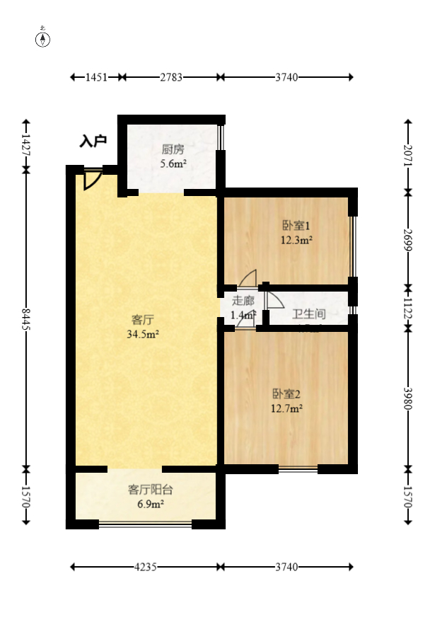 汇景豪庭  2室2厅1卫   108.00万室内图1