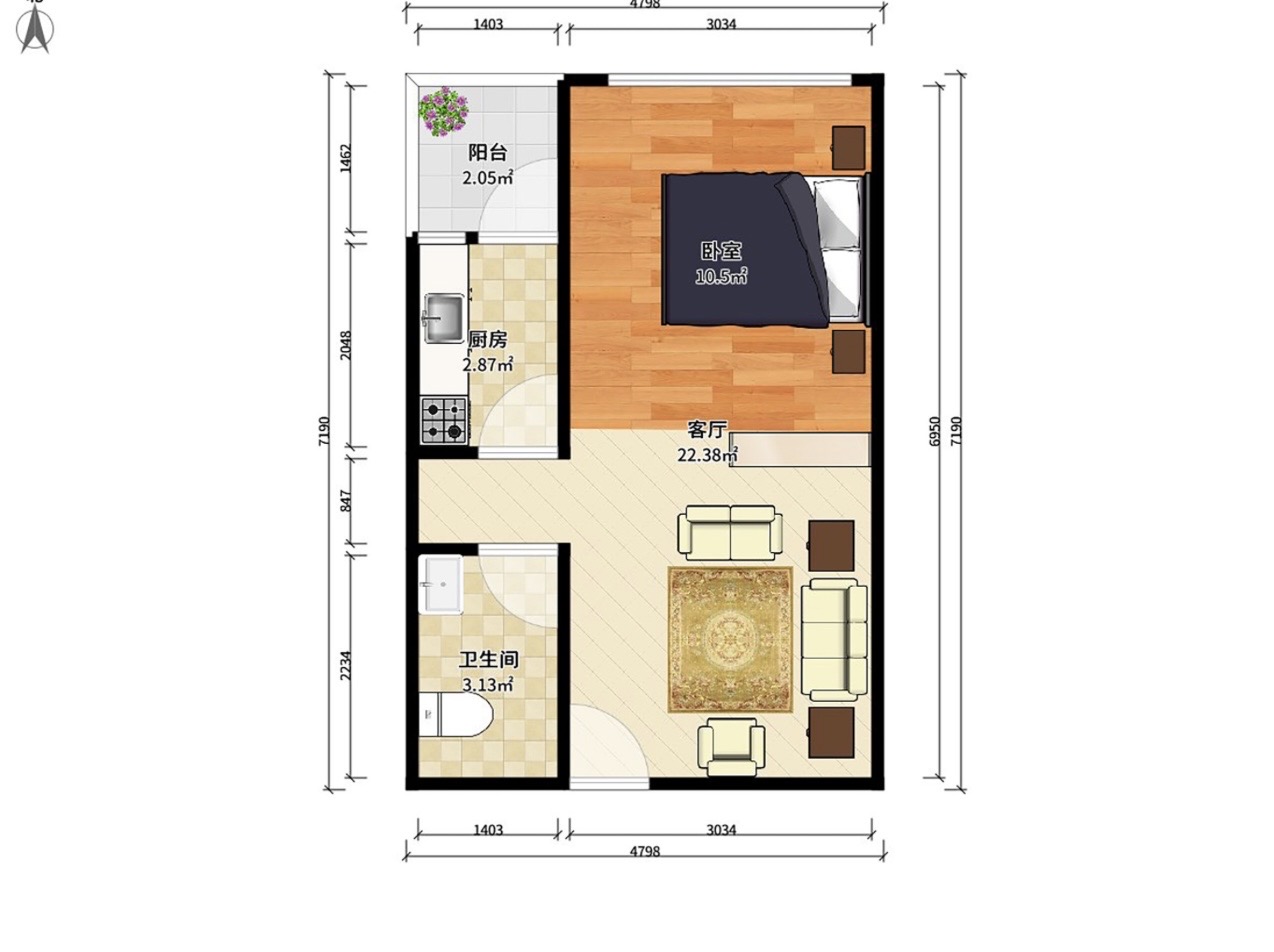 怡河园  2室1厅1卫   2200.00元/月户型图