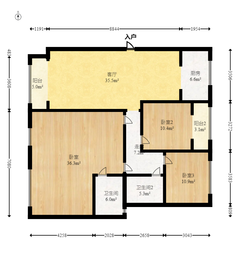 东方美地  3室2厅2卫   85.80万室内图1