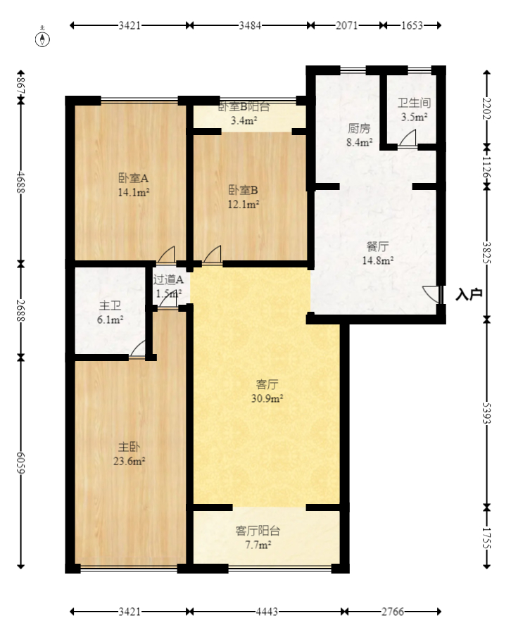 八方小区B区  3室2厅2卫   529.00万室内图1
