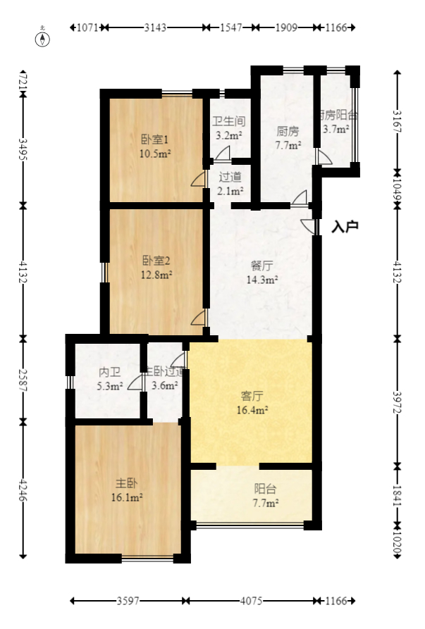 中欣楚天熙苑  3室2厅2卫   112.00万室内图1
