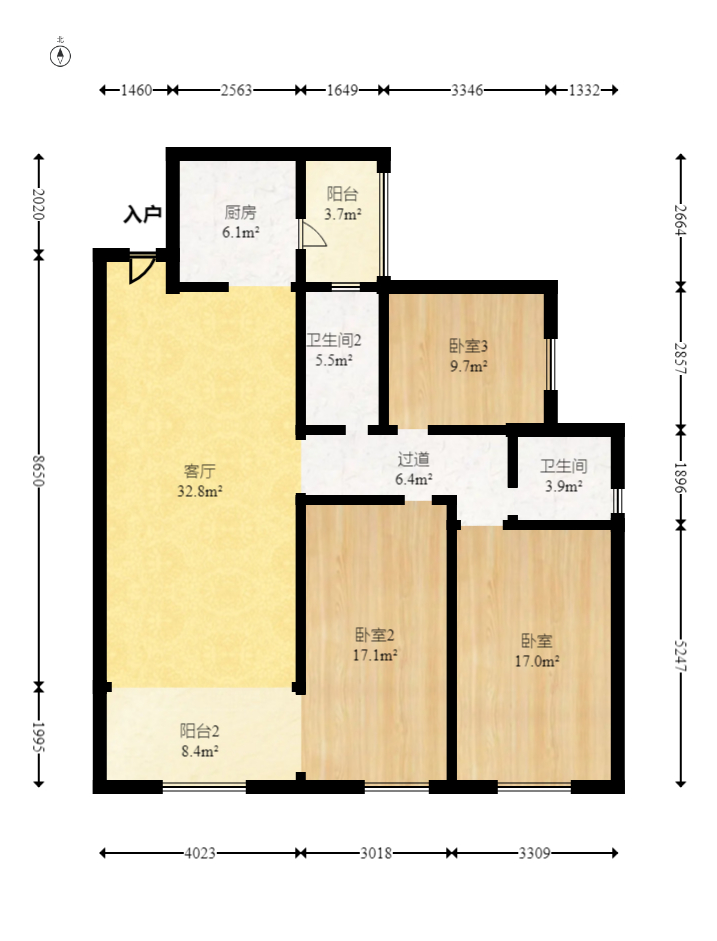万象府台  3室2厅2卫   228.00万室内图1