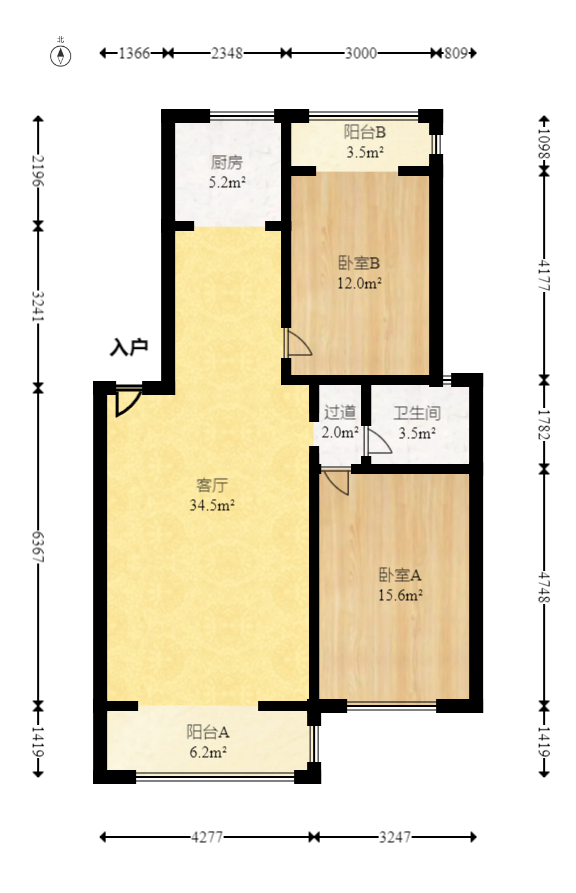 竹满人家  2室2厅1卫   52.00万室内图1