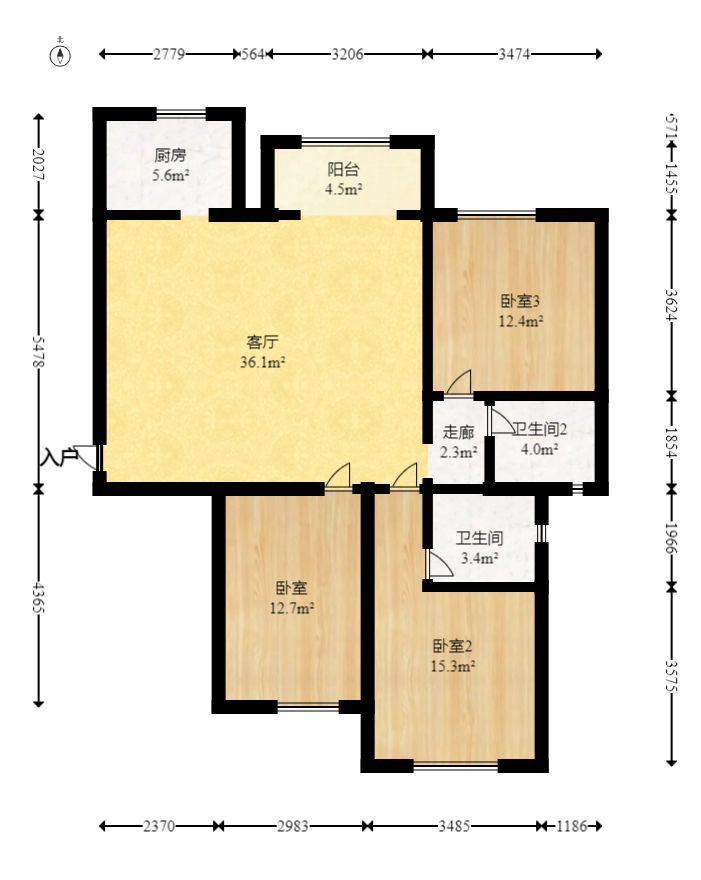 东方美地  3室2厅2卫    88.88万室内图1