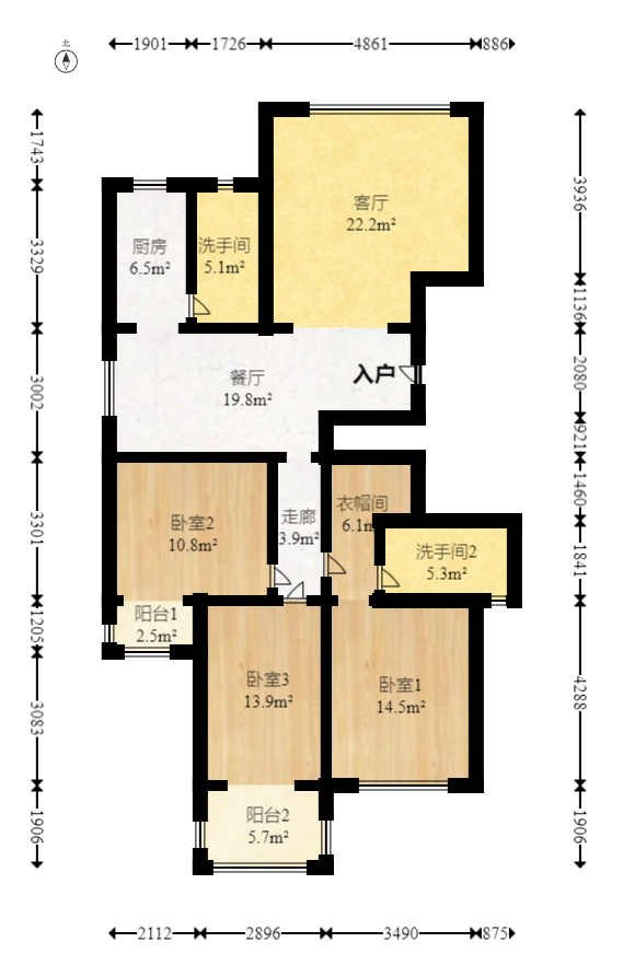 恒盛世家  3室2厅2卫   123.00万室内图1