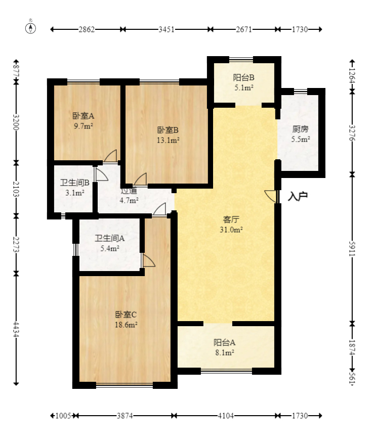 绿洲花园 3室2厅2卫 105.8万 绿洲花园 3室2厅2卫 105.8万户型图