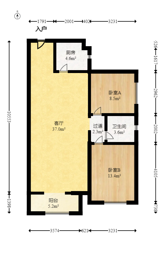 卢浮原著  2室2厅1卫   58.80万室内图1